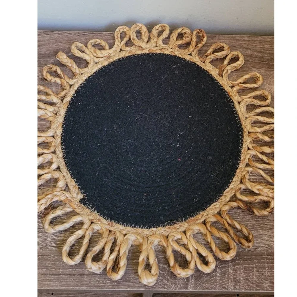 Set of 4 Boho Placemats Sunburst, Black and Jute Retro